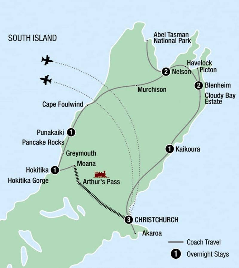 Map of Southern Splendor: A 11-Day South Island Exploration route