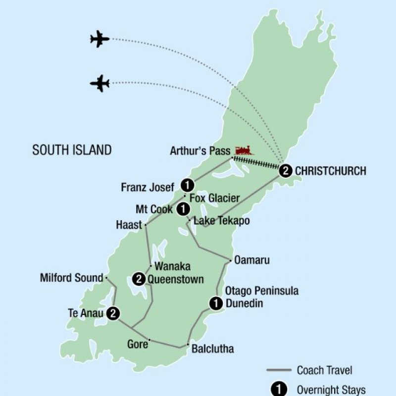 Map of 11 Day Ultimate Top of South Island route