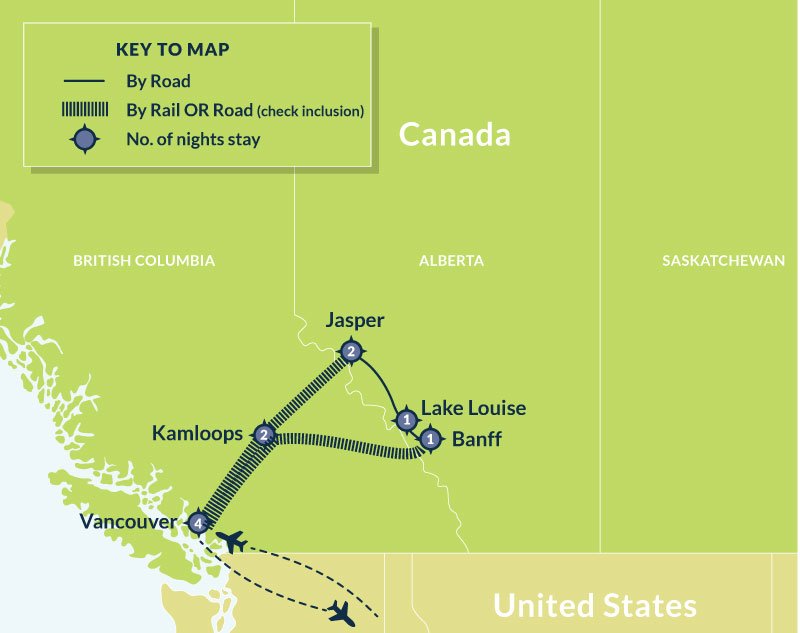 Map of 11 Day Western Canada Luxury Rail and Resorts Circle Tour route