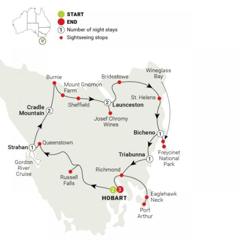 Map of 13 Day Perfect Tasmania route