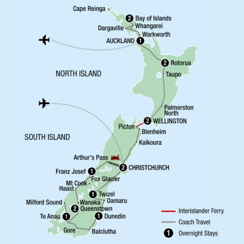 Map of 16-Day New Zealand Signature Highlights route