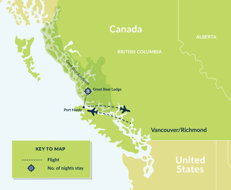 Map of 4 Day Great Bear Rainforest Floating Lodge Adventure route