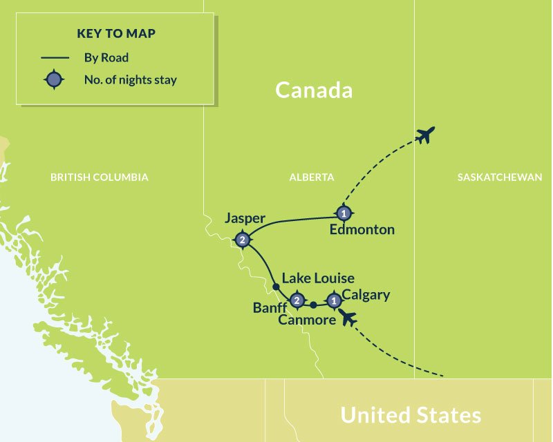 Map of 7 Day Alberta Adventurer route