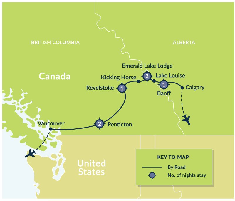 Map of 7 Day Okanagan & the Kootenays route