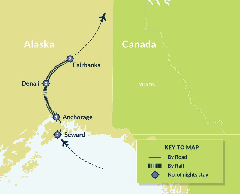 Map of 8 Day Anchorage, Seward & Denali Explorer route