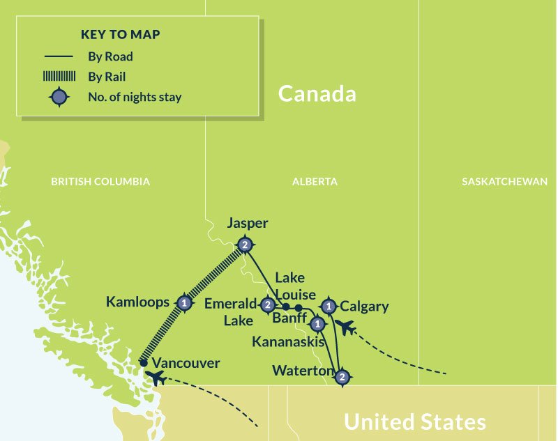 Map of 10 Day Remote Lodges of the Canadian Rockies Rail and Drive Experience route