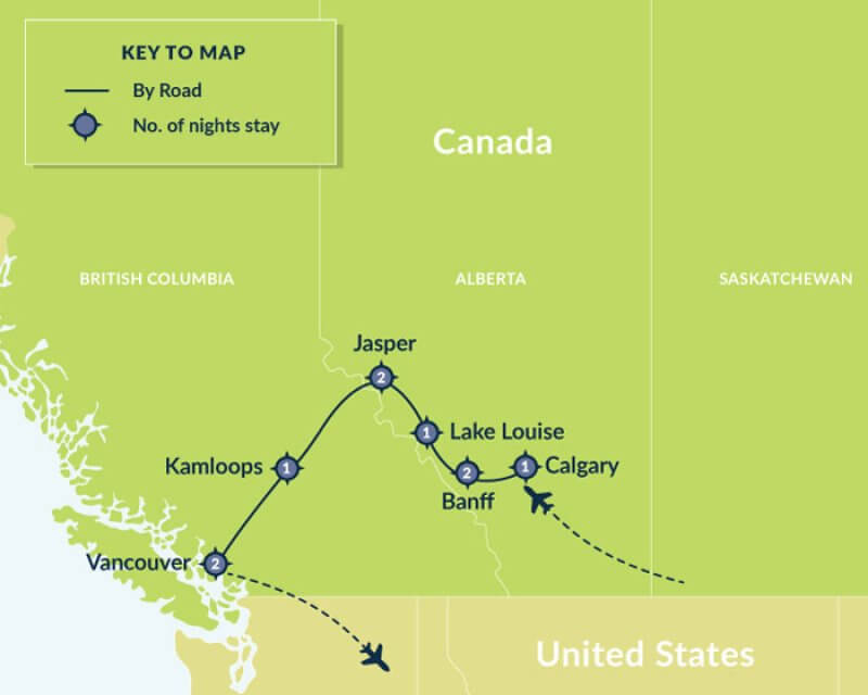 Map of Best of the Canadian Rockies Calgary to Vancouver route