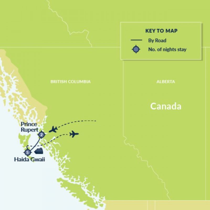 Map of Haida Gwaii and Prince Rupert route